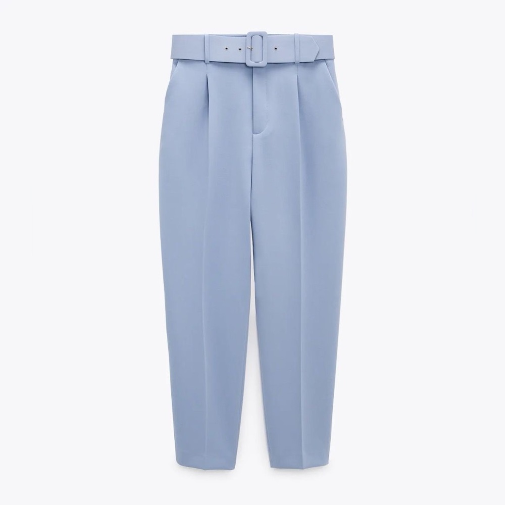 Zara Blue High Waisted Belted Pants, Size 6